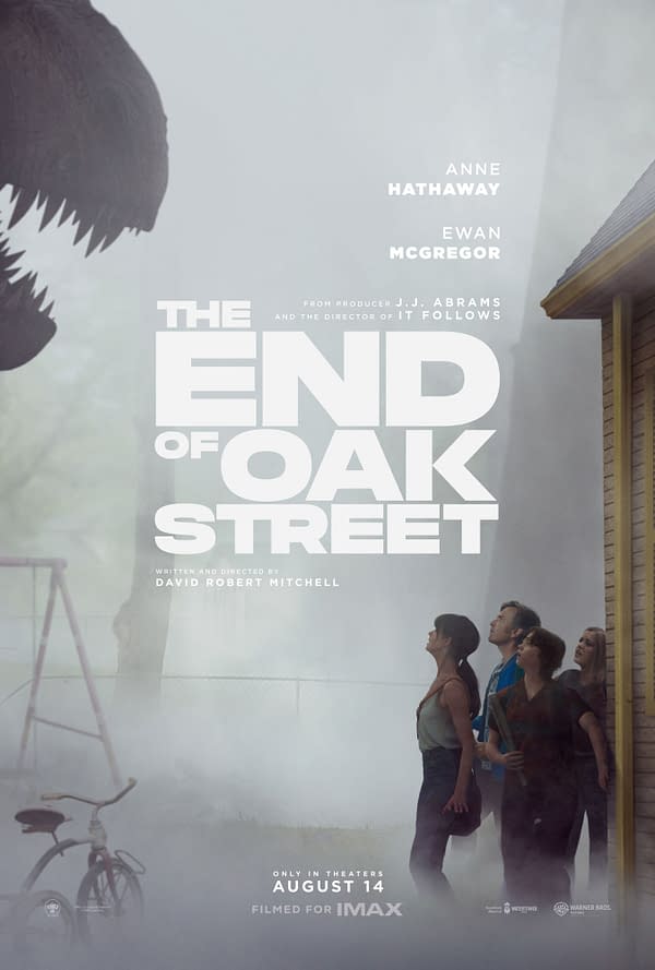 Movie poster for The End of Oak Street, showing four people standing in fog and looking upward beside a house, with the title prominently displayed.