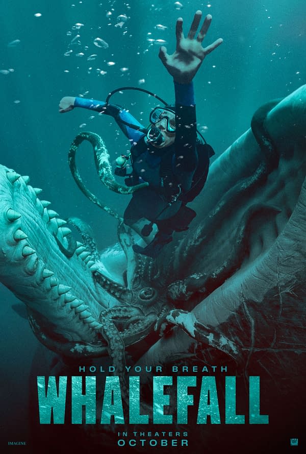 Whalefall teaser poster showing a scuba diver trapped underwater inside a giant whale's mouth, with the tagline