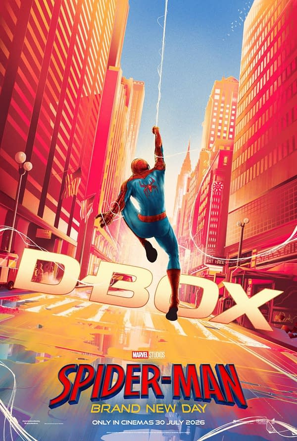 Spider-Man swings through a bright comic-book cityscape in a stylized poster for Spider-Man: Brand New Day, with the DBOX logo across the middle.