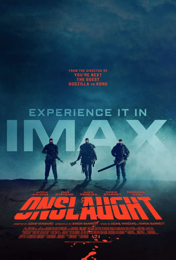 Movie poster for Onslaught showing three armed soldiers standing in blue fog beneath large IMAX text, with the title in bold red at the bottom.