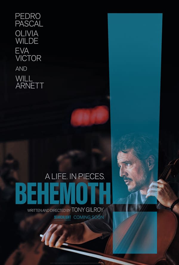 Stylized movie poster for Behemoth featuring Pedro Pascal as a cellist, with a large turquoise