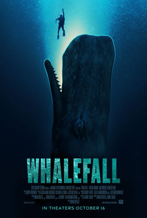 Whalefall movie poster showing a scuba diver above a massive sperm whale descending in deep blue water, with the title at the bottom.