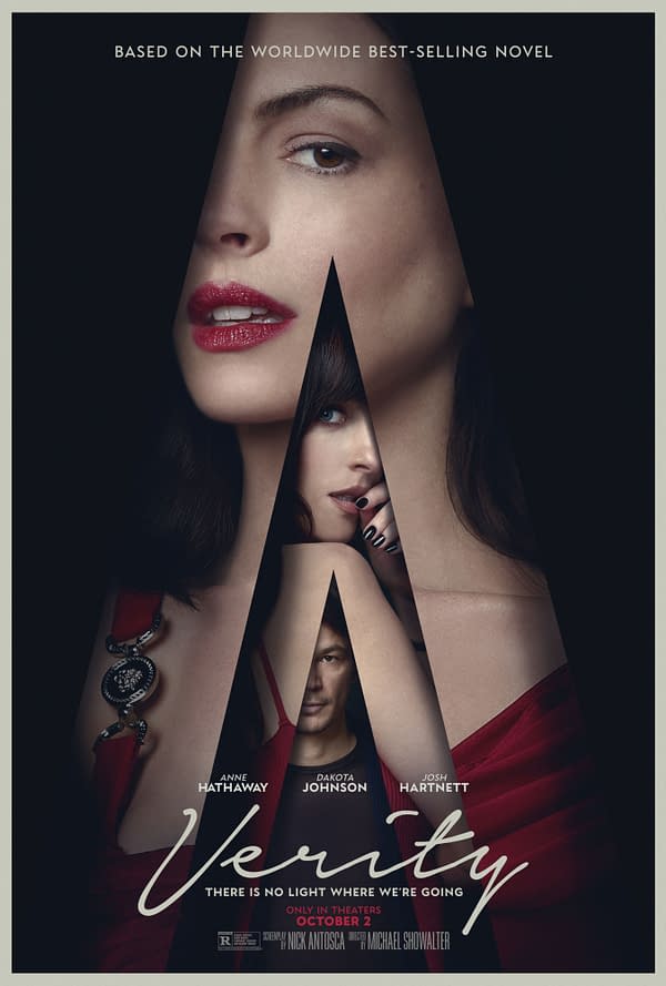 Stylized theatrical poster for Verity with overlapping close-ups of faces formed through a large letter V on a dark background, featuring Anne Hathaway, Dakota Johnson, and Josh Hartnett.
