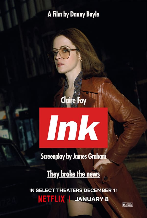 Movie poster for Ink featuring Claire Foy in a brown leather coat and glasses against a dark background, with the Netflix logo and release text.
