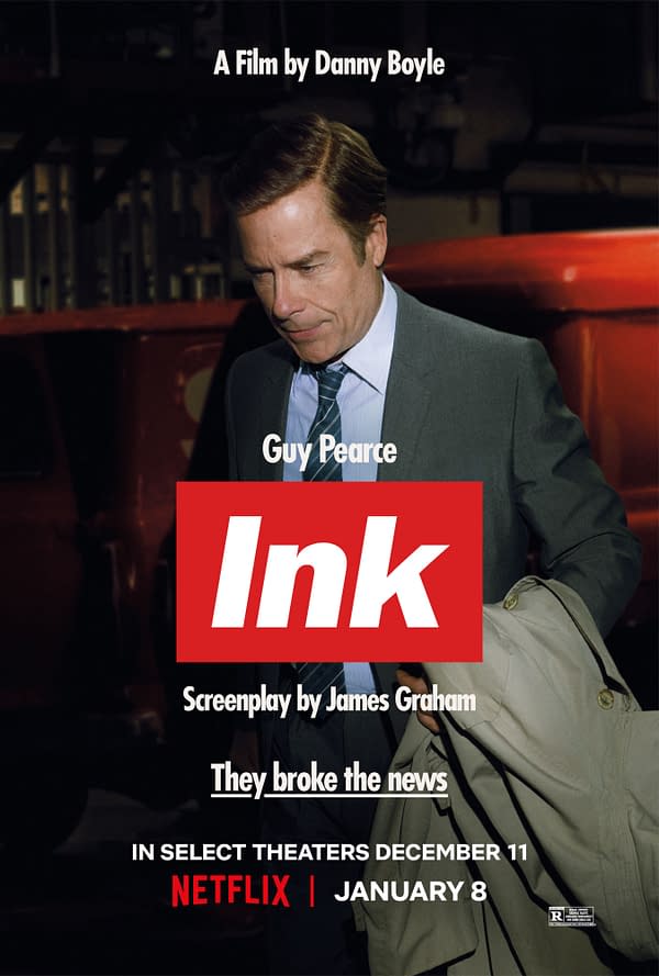 Movie poster for Ink featuring Guy Pearce in a dark suit, with the title centered over a red logo and release information at the bottom.