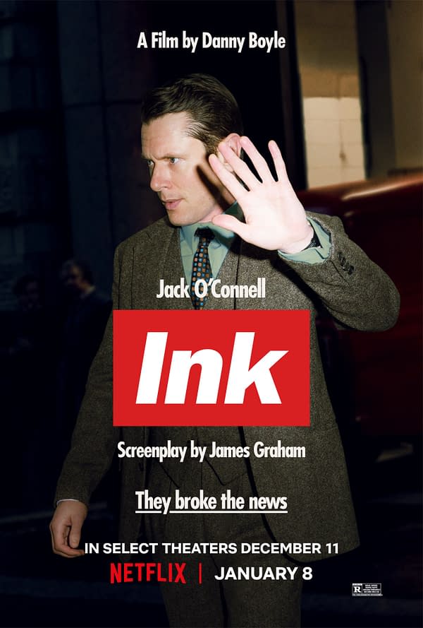 Movie poster for Ink featuring Jack O'Connell in a suit, holding up a hand as if stopping someone, with the red Ink title centered over him.