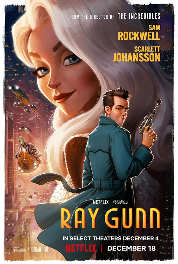 Illustrated noir-style poster for Ray Gunn featuring a giant platinum-haired woman's face above a trench-coated man holding a ray gun in a futuristic city. Netflix branding, Sam Rockwell, Scarlett Johansson, and a December release date are shown.
