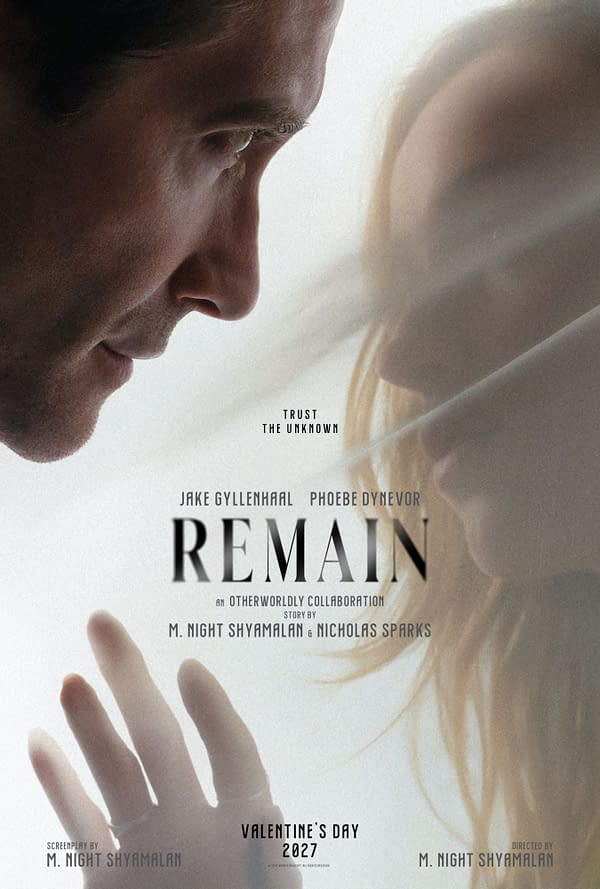 Movie poster for Remain, showing a man and woman in an intimate close-up facing each other behind a bright, hazy veil, with the title and Valentine's Day 2027 release text.