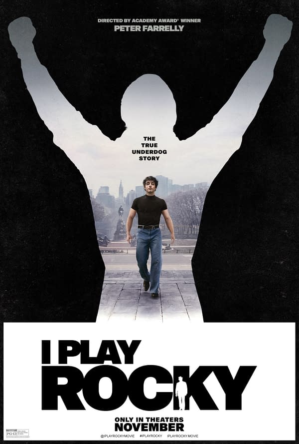 Movie poster for I Play Rocky featuring a man walking forward inside a large raised-arms silhouette, with the tagline