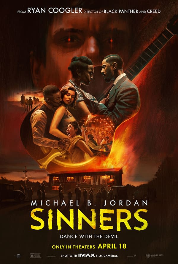 Promotional poster for the film 'Sinners,' featuring various characters in a dramatic composition, highlighting themes of passion and struggle, with the text 'DANCE WITH THE DEVIL' prominently displayed. Directed by Ryan Coogler, the release date is April 18.