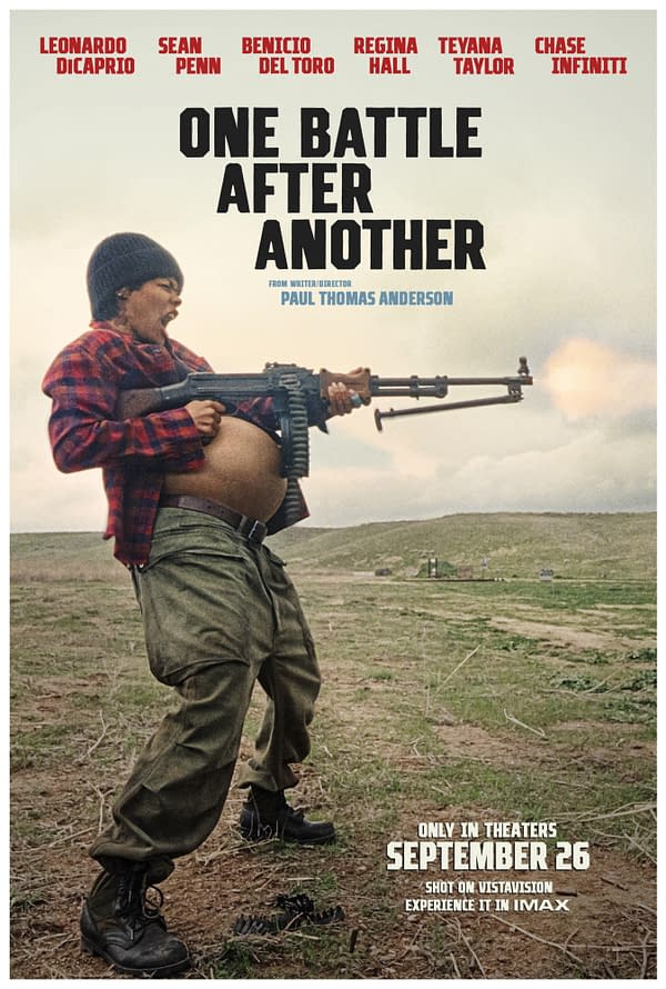 A movie poster for 'One Battle After Another' featuring a character in military attire, holding an assault rifle and firing it. The background shows a grassy landscape with a cloudy sky, and the film's release date is noted as September 26.