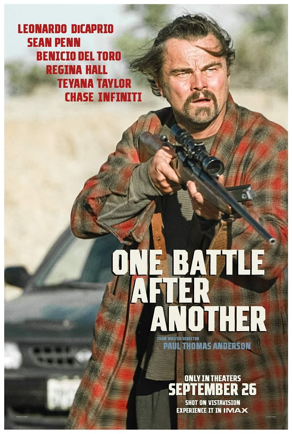 A dramatic movie poster for 'One Battle After Another' features a rugged man holding a rifle, wearing a plaid jacket, set against an arid landscape. The film stars Leonardo DiCaprio, Sean Penn, and others, directed by Paul Thomas Anderson.