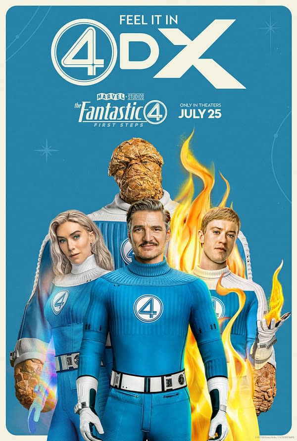 A promotional poster for 'The Fantastic Four: First Steps' featuring four characters in blue superhero suits with the number '4' on their chests. The characters include a figure made of rocky material, a woman with long blonde hair, and two men, one with dark hair and the other with light hair holding flames in his hand, set against a bright blue background.