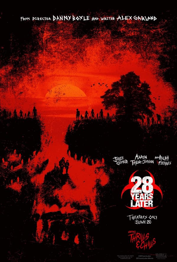 A dramatic poster for the movie '28 Years Later,' featuring a stylized red and black color scheme with silhouettes of figures against a sunset. The design incorporates a skull shape, emphasizing the film's horror theme and includes details about the cast and release date.