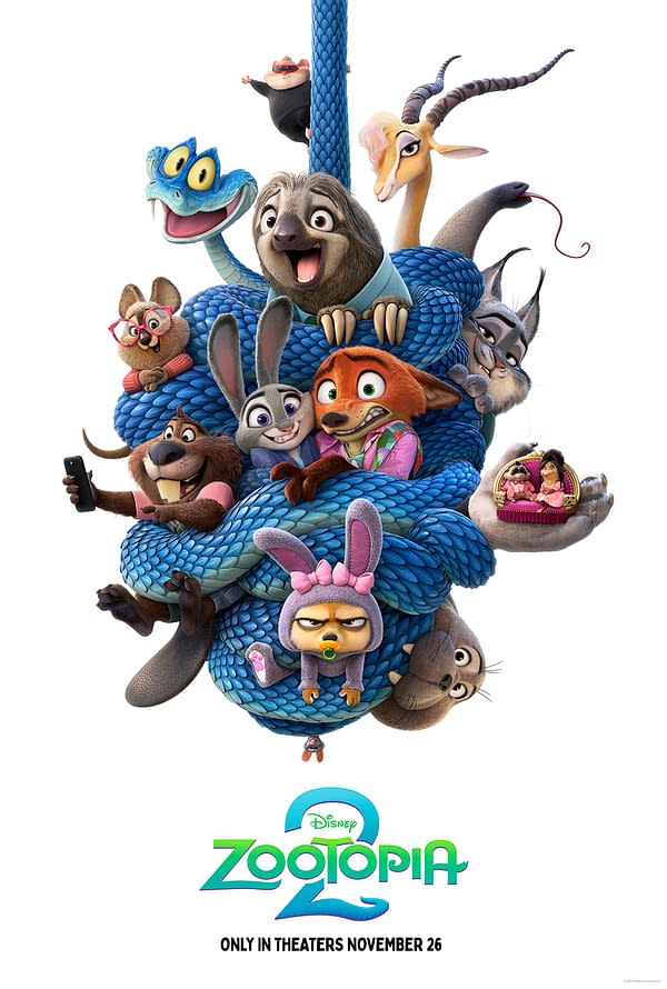 An animated illustration featuring various animal characters from 'Zootopia 2,' including a sloth, bunny, and fox, all playfully tangled in colorful rope. The vibrant artwork showcases their cheerful expressions and is accompanied by the movie title and release date.