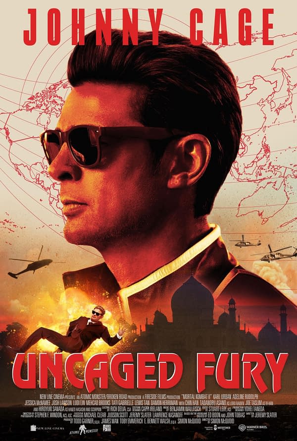 A movie poster for 'Uncaged Fury' featuring Johnny Cage, a character from Mortal Kombat, striking a dynamic pose while wearing sunglasses. The background includes dramatic imagery of helicopters and an explosion with a city skyline.