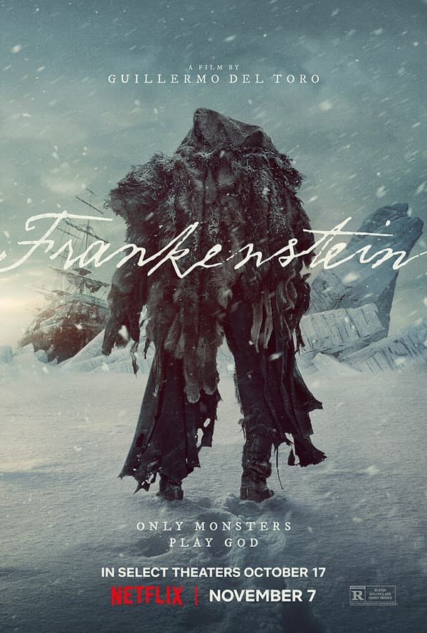 This vertical teaser poster for the film 'Frankenstein' features a mysterious creature cloaked in heavy furs, standing in a snowy landscape near a shipwreck, with dramatic lighting and a wintery atmosphere. The title 'Frankenstein' is prominently displayed in a stylized script, along with release information.