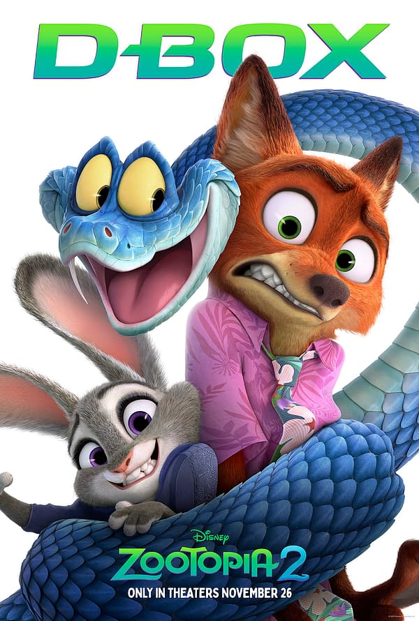 A colorful promotional poster for 'Zootopia 2,' featuring three animated characters: a worried orange fox in a pink floral shirt, a cheerful gray rabbit, and a blue snake with a wide grin. The poster includes the title 'Zootopia 2' and the text 'D-BOX' prominently displayed.
