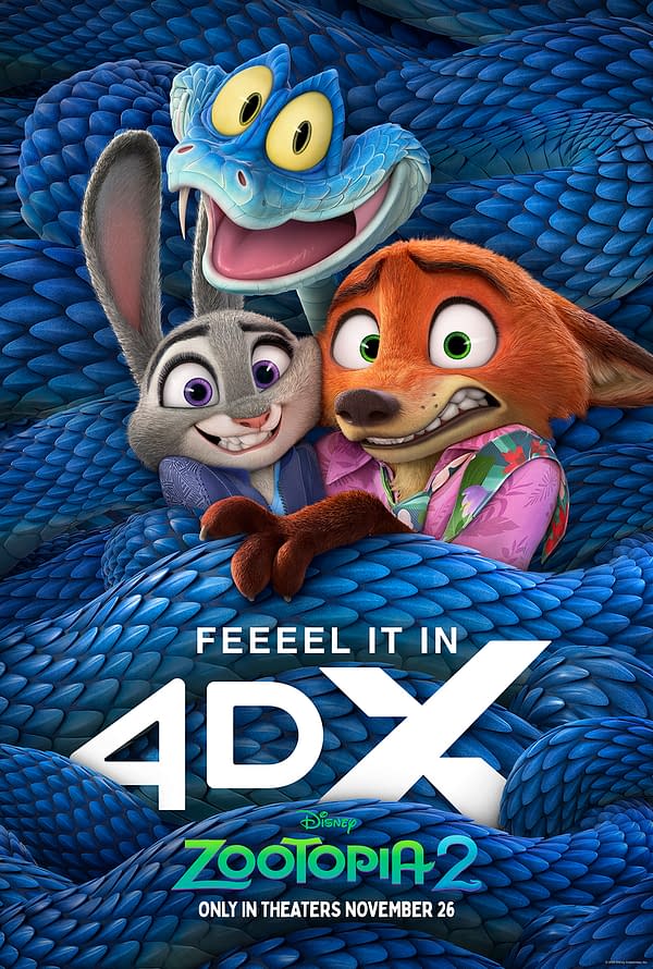A colorful promotional poster for Disney's animated film 'Zootopia 2' featuring three main characters: a smiling blue snake, a cheerful rabbit with large eyes, and a fox with an expressive face. The background displays vibrant blue scales, and bold text invites viewers to experience the film in 4DX.