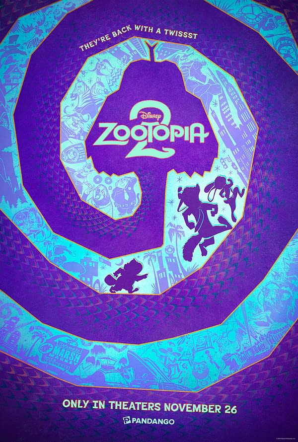 A vibrant promotional poster for Disney's "Zootopia 2," featuring the title prominently in the center with a stylized spiral design. Various animated characters and scenes from the film are illustrated in a contrasting color scheme, with the release date noted at the bottom.