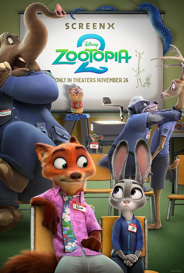 A colorful poster for 'Zootopia 2' featuring animated characters, including a fox and a rabbit, sitting together. The setting appears to be a classroom, with a backdrop displaying the movie title, release date, and other animal characters interacting in the scene.