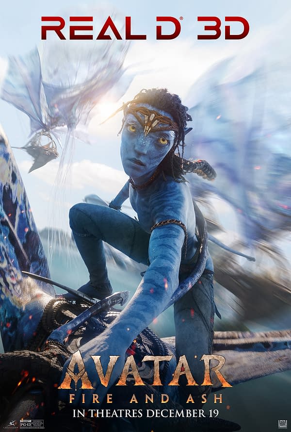A promotional poster for "Avatar: Fire and Ash," featuring a blue-skinned character with dramatic facial features and a fierce expression, set against a dynamic background of flying creatures. The text highlights the film's release in theaters on December 19.