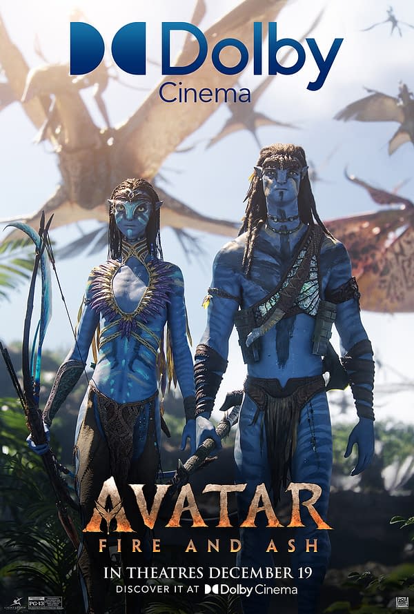 Key art for 'Avatar: Fire and Ash' featuring two blue-skinned characters in a lush setting. The poster includes the Dolby Cinema logo and announces the theatrical release on December 19.