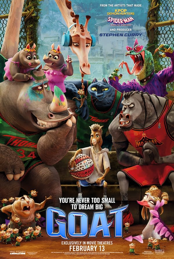 Animated characters from the film 'GOAT' are depicted in a lively basketball scene, featuring a mix of anthropomorphic animals including a giraffe, a rhinoceros, and a goat, showcasing their vibrant personalities and team spirit.