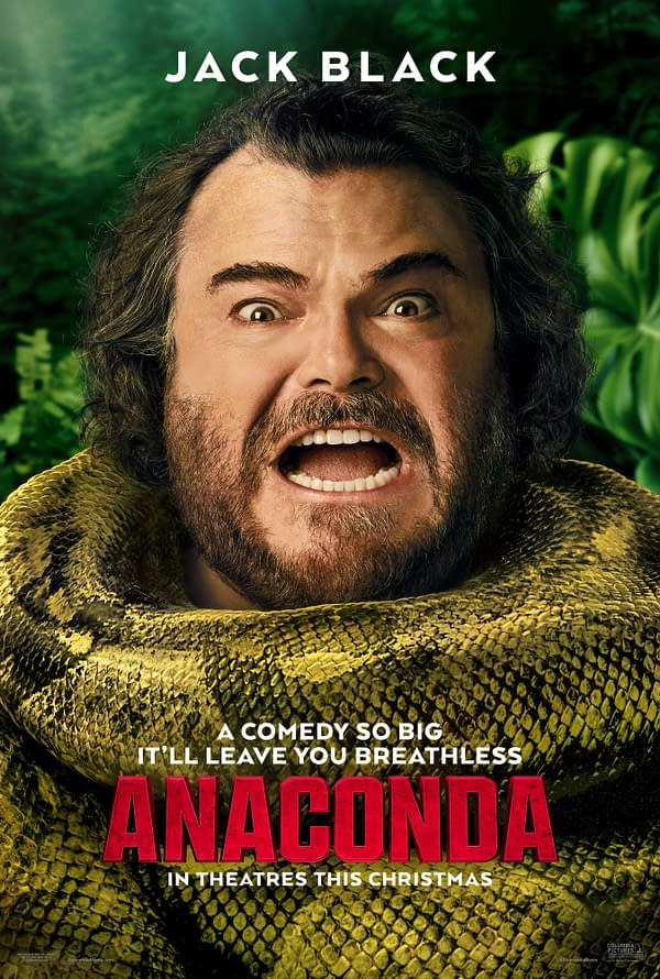 A promotional poster for the movie 'Anaconda' featuring Jack Black, who is shown with a surprised expression while wrapped in a large snake. Text on the poster highlights that it's a comedy and mentions its theatrical release this Christmas.