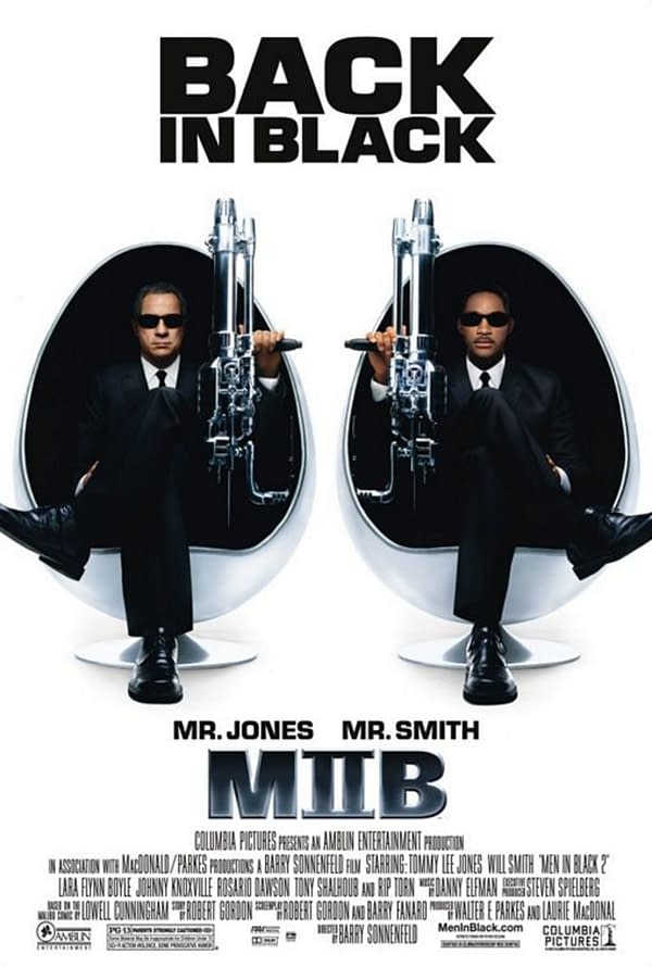 A promotional poster for 'Men in Black II' featuring two characters in black suits and sunglasses seated in futuristic egg-shaped chairs, holding large, shiny guns. The title 'BACK IN BLACK' is prominently displayed above them.