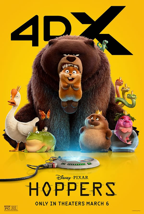 A colorful poster for the Disney-Pixar animated film 'Hoppers', featuring a large, fluffy bear with a cheerful small animal in its mouth, surrounded by various whimsical characters including a goose, a frog, and snake-like creatures. The background is bright yellow, showcasing the '4DX' logo, while a futuristic device with wires sits at the bottom, indicating a unique movie experience.
