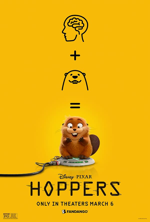 An illustration featuring a playful beaver character sitting on a device with wires, along with a visual equation combining a brain icon and a beaver icon, set against a bright yellow background. This key art promotes the Pixar film 'Hoppers,' in theaters March 6.