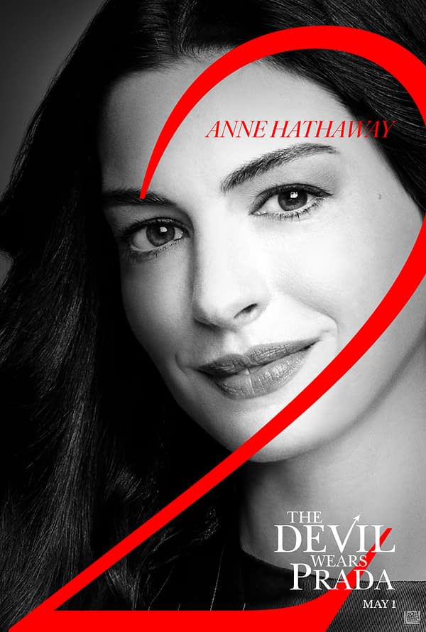 Black and white poster featuring actress Anne Hathaway's face, with a large red '2' overlaying her image, promoting 'The Devil Wears Prada 2' coming May 1.