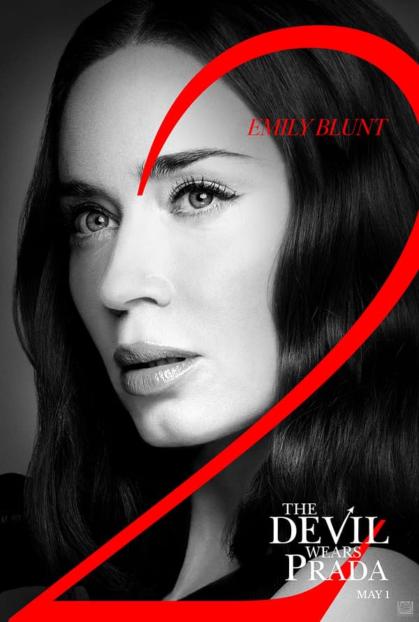 A black and white poster for 'The Devil Wears Prada 2' featuring Emily Blunt's face. A bold red number two curves across the image, with the movie title and release date prominently displayed.