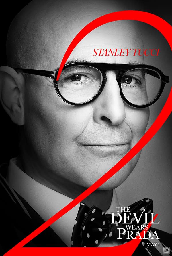 A black and white poster featuring Stanley Tucci wearing glasses and a polka dot bow tie, with a bold red number '2' and the title 'The Devil Wears Prada' highlighted prominently. The release date 'May 1' is displayed at the bottom.