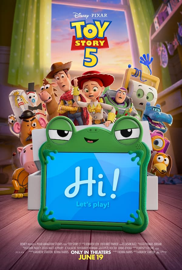 A colorful cartoon poster for 'Toy Story 5' featuring beloved characters Woody, Buzz Lightyear, and Jessie, with a playful green toy screen displaying "Hi! Let's play!" The background suggests a vibrant playroom setting.
