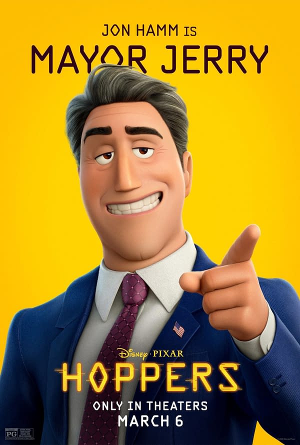 A character poster featuring an animated mayor named Jerry, voiced by Jon Hamm, smiling confidently and pointing. The background is a bright yellow, and the poster promotes the movie "Hoppers," which releases in theaters on March 6.