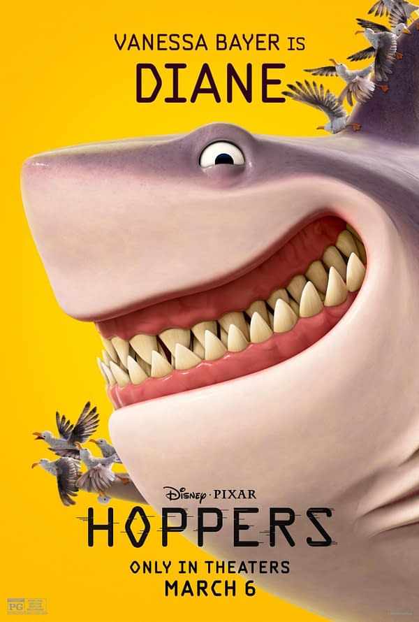 A colorful cartoon poster featuring a smiling shark named Diane, voiced by Vanessa Bayer, with large teeth and a bright yellow background. Surrounding the shark are flying seagulls, promoting the animated movie 'Hoppers,' which will be released in theaters on March 6.
