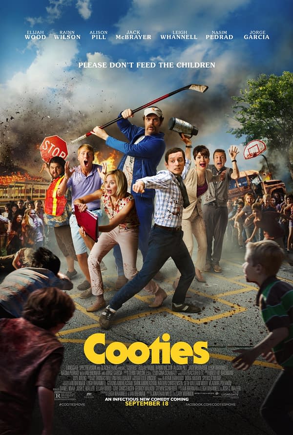 This movie poster for 'Cooties' features a group of panicked adults, including notable actors, frantically defending themselves with various improvised weapons while children run chaotically in the background. The poster includes the tagline "PLEASE DON'T FEED THE CHILDREN" and promotes the film as an infectious new comedy.
