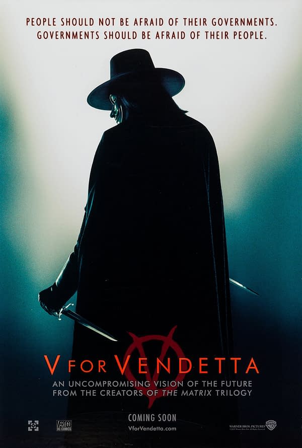 A promotional poster for 'V for Vendetta' featuring a figure in a dark cloak and hat, holding a knife, with the text emphasizing the power of the people over the government. The design includes anarchy symbols and highlights the film's connection to 'The Matrix' trilogy.