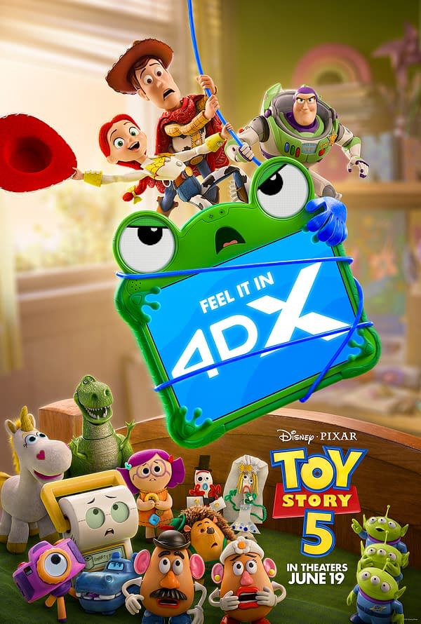 Toy Story 5 poster featuring Woody, Jessie, Buzz Lightyear, and other toys gathered around a blue 4DX sign, with the Disney Pixar logo and release date at the bottom.