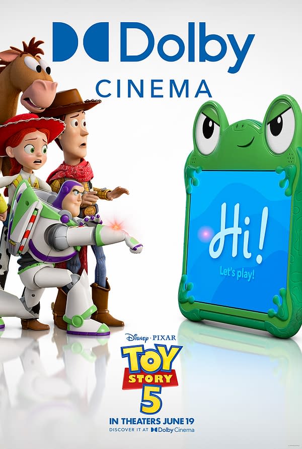 Toy Story 5 Dolby Cinema poster featuring Woody, Jessie, Buzz Lightyear, and Bullseye facing a green frog-like tablet that says