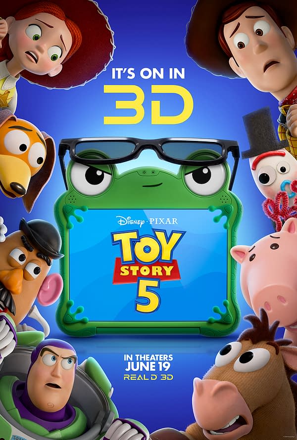 Toy Story 5 poster featuring Woody, Jessie, Buzz Lightyear, Bo Peep, Mr. and Mrs. Potato Head, Rex, Hamm, and Forky around a glowing