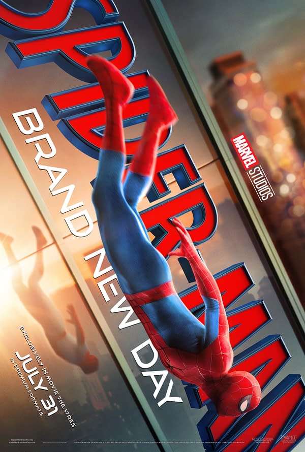 Spider-Man hangs upside down over a large Spider-Man: Brand New Day title graphic, with Marvel Studios branding and a July 31 release date.