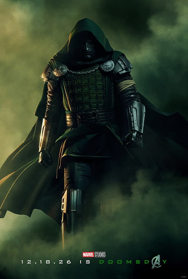 Dark Avengers: Doomsday poster featuring Doctor Doom in a hooded metal suit, standing in green smoke with the Marvel Studios logo and release date at the bottom.