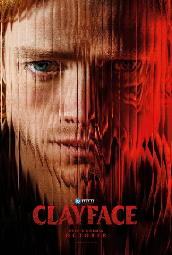 Promotional poster for DC Studios' Clayface, showing a man's face split between natural skin and a distorted red clay-like transformation.