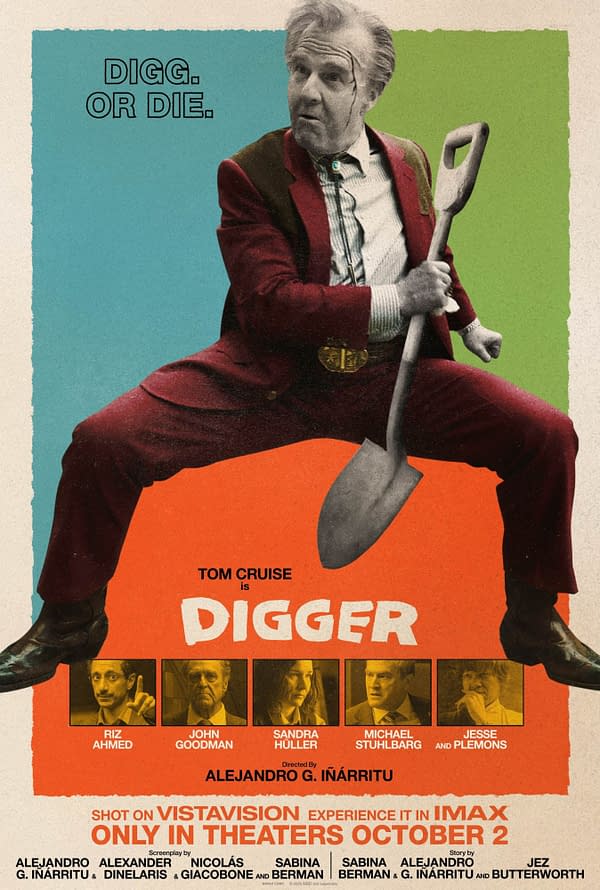 Satirical movie poster for Digger showing an older man in a red suit straddling a shovel, with the tagline