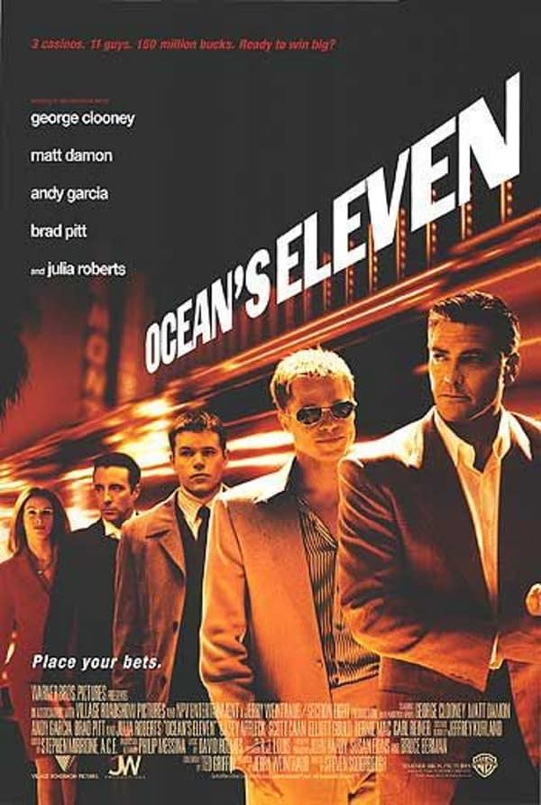 Movie poster for 'Ocean's Eleven,' featuring a group of seven characters in stylish outfits, with notable actors including George Clooney and Brad Pitt. The background depicts a vibrant casino setting with the tagline 'Place your bets.'