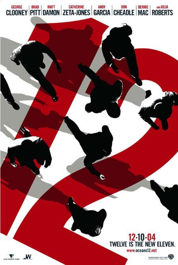 A stylized poster for the movie 'Ocean's Twelve,' featuring abstract shapes of figures in black against a red and white background, emphasizing dynamic movement. The poster includes taglines and the release date, with a focus on the film's theme of heist and camaraderie.