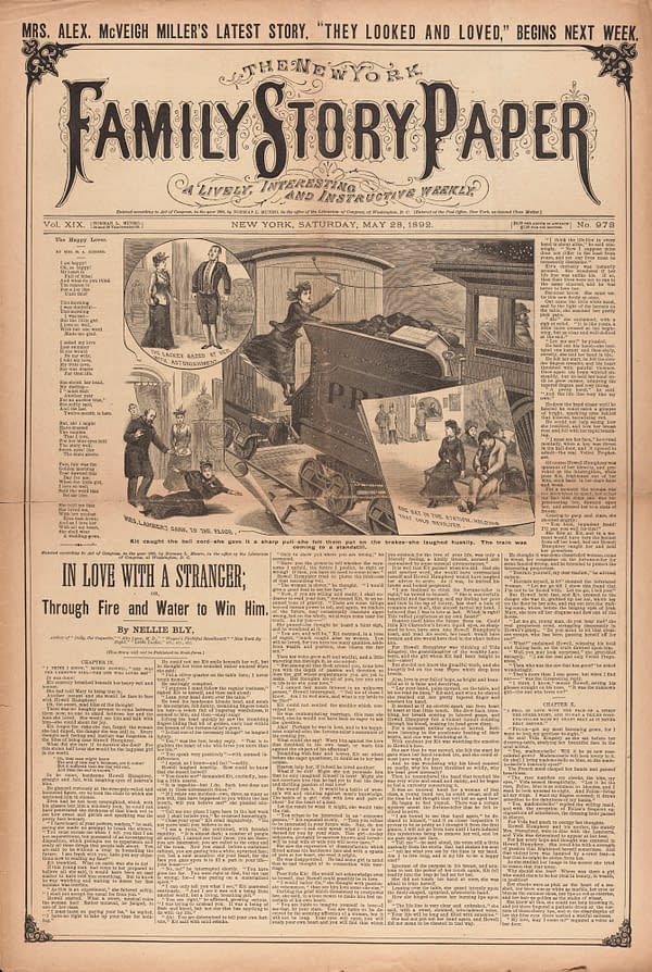 An old newspaper cover from the New York Family Story Paper dated May 28, 1892, featuring illustrated scenes and the headline for Nellie Bly's story 'In Love With a Stranger.'